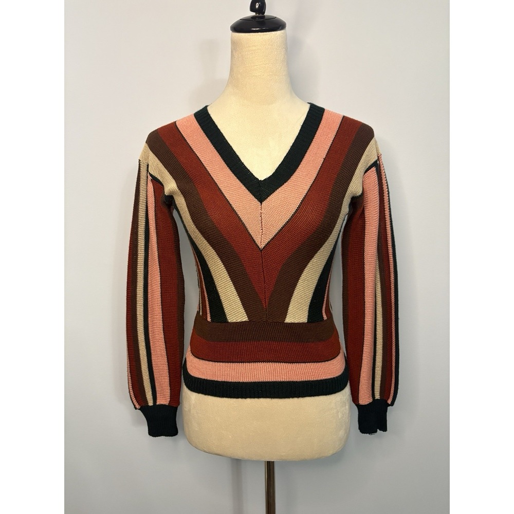 VTG Offspring Trisha Sayad 70's Sweater Lightweight Chevron Stripe Vneck Boho XS